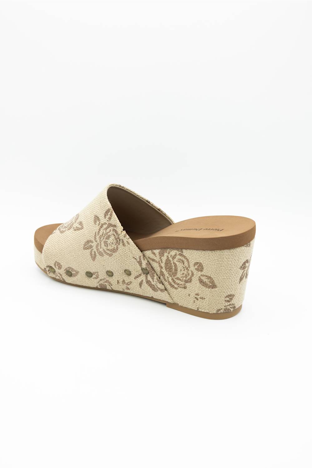 Pierre Dumas Vivian Floral Wedge Sandals for Women in Bronze; Wedge sandal with floral pattern on a white background