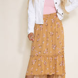 Pink Rose Hi-Low Midi Skirt for Women in Mustard Floral