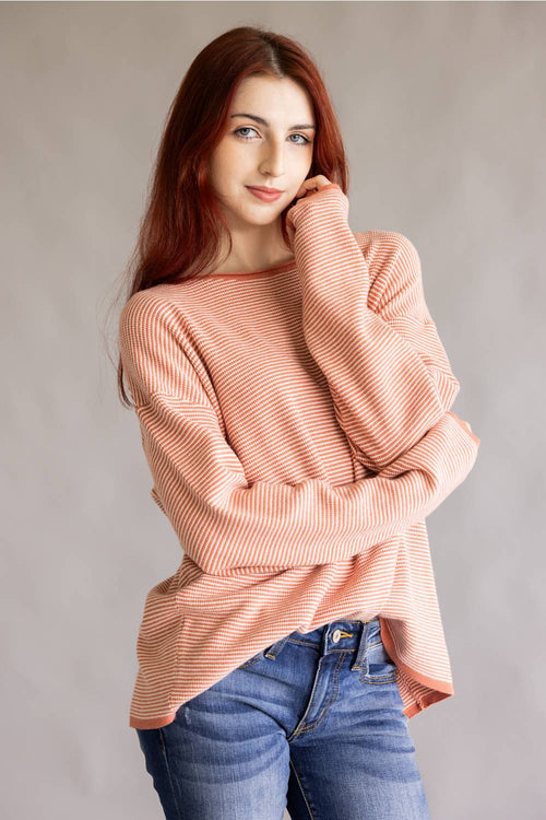 Pinstriped Long Sleeve Sweater for Women in Terracotta