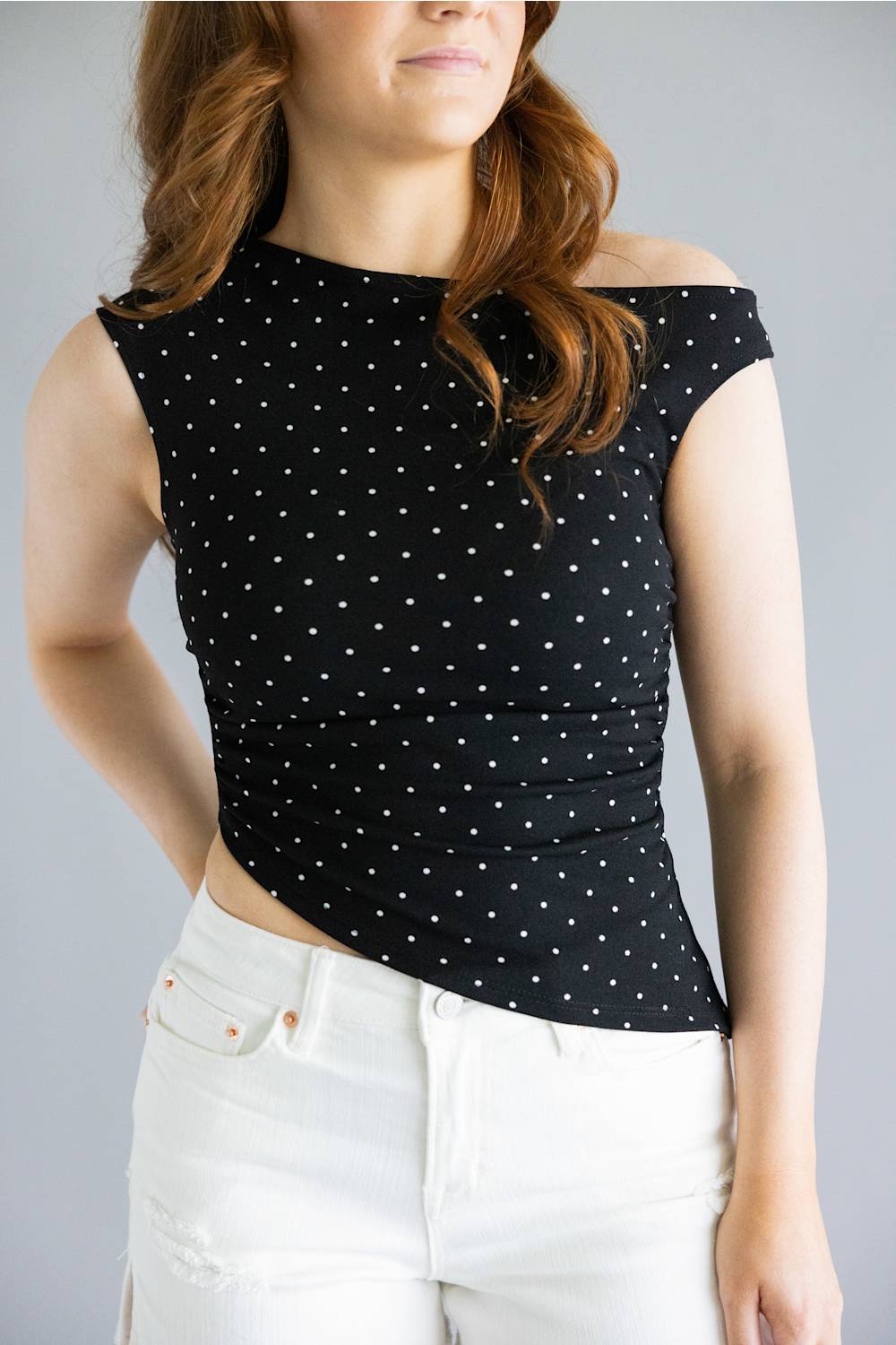 Polka Dot Asymmetrical Top for Women in Black