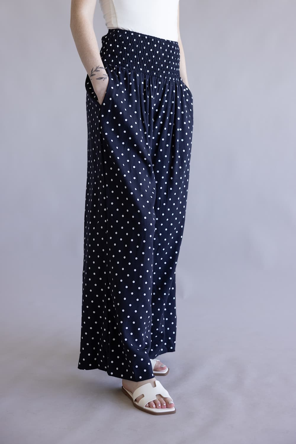 Polka Dot Smocked Wide Leg Pants for Women in Navy