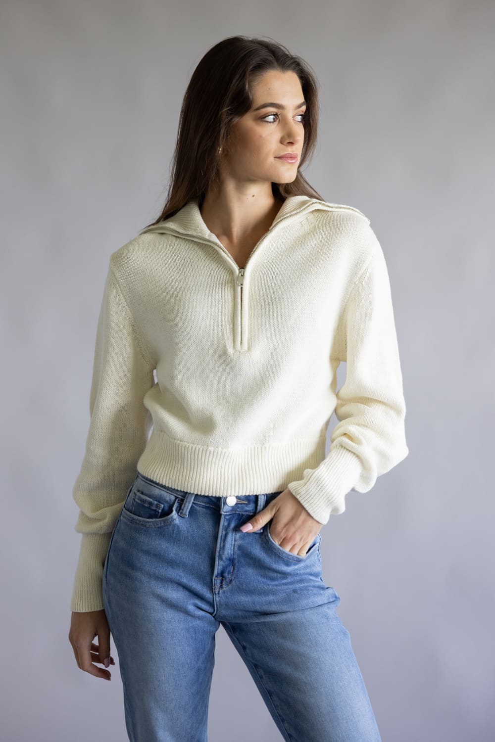 Quarter Zip Crop Sweater for Women in Blizzard White