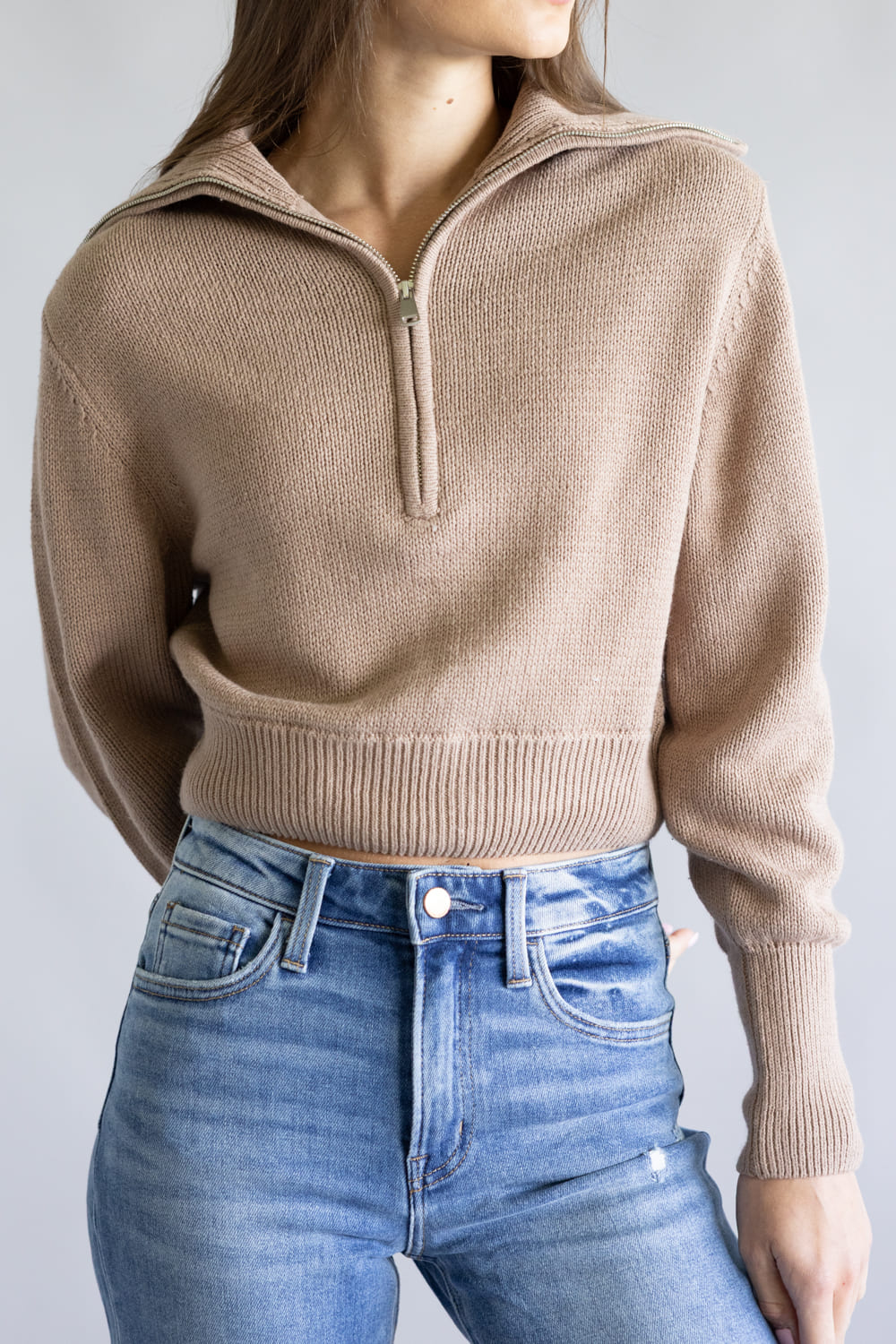 Quarter Zip Crop Sweater for Women in Dutch Mocha
