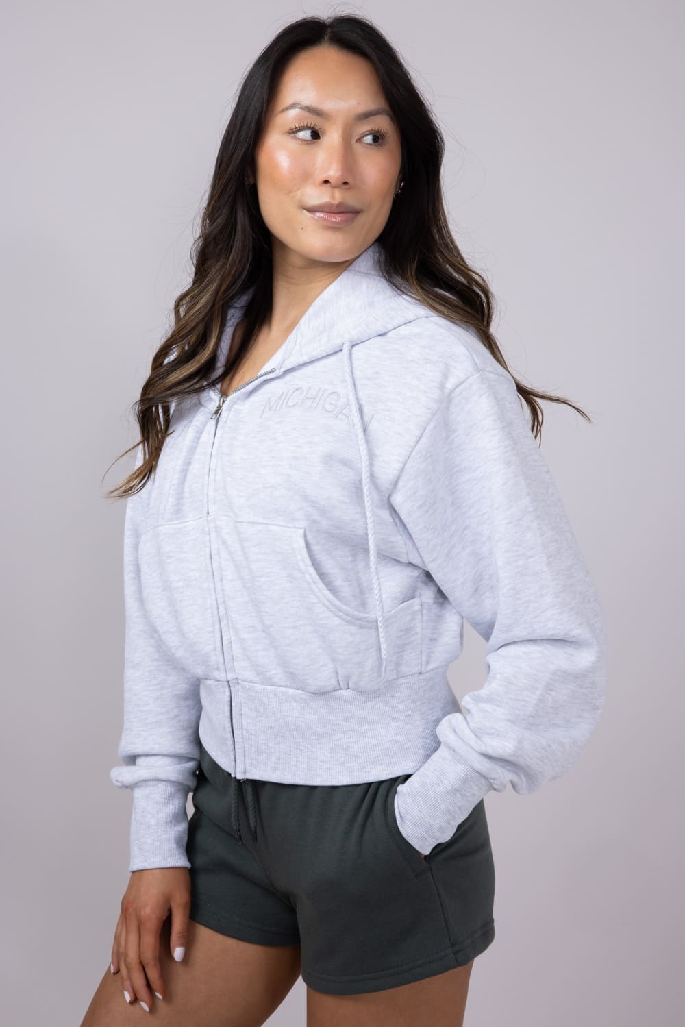 1897 Active Michigan Embroidered Full Zip Hoodie for Women in Grey