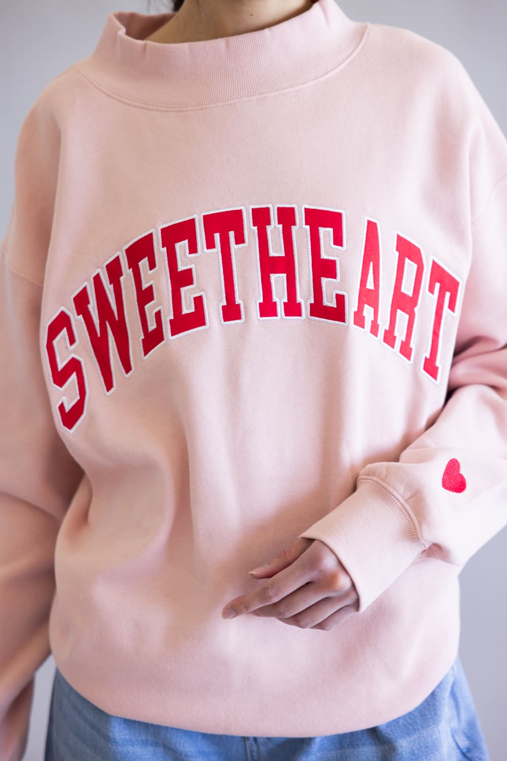 1897 Active Sweetheart Patch Embroidered Mock Neck Sweatshirt for Women in Pink/Red
