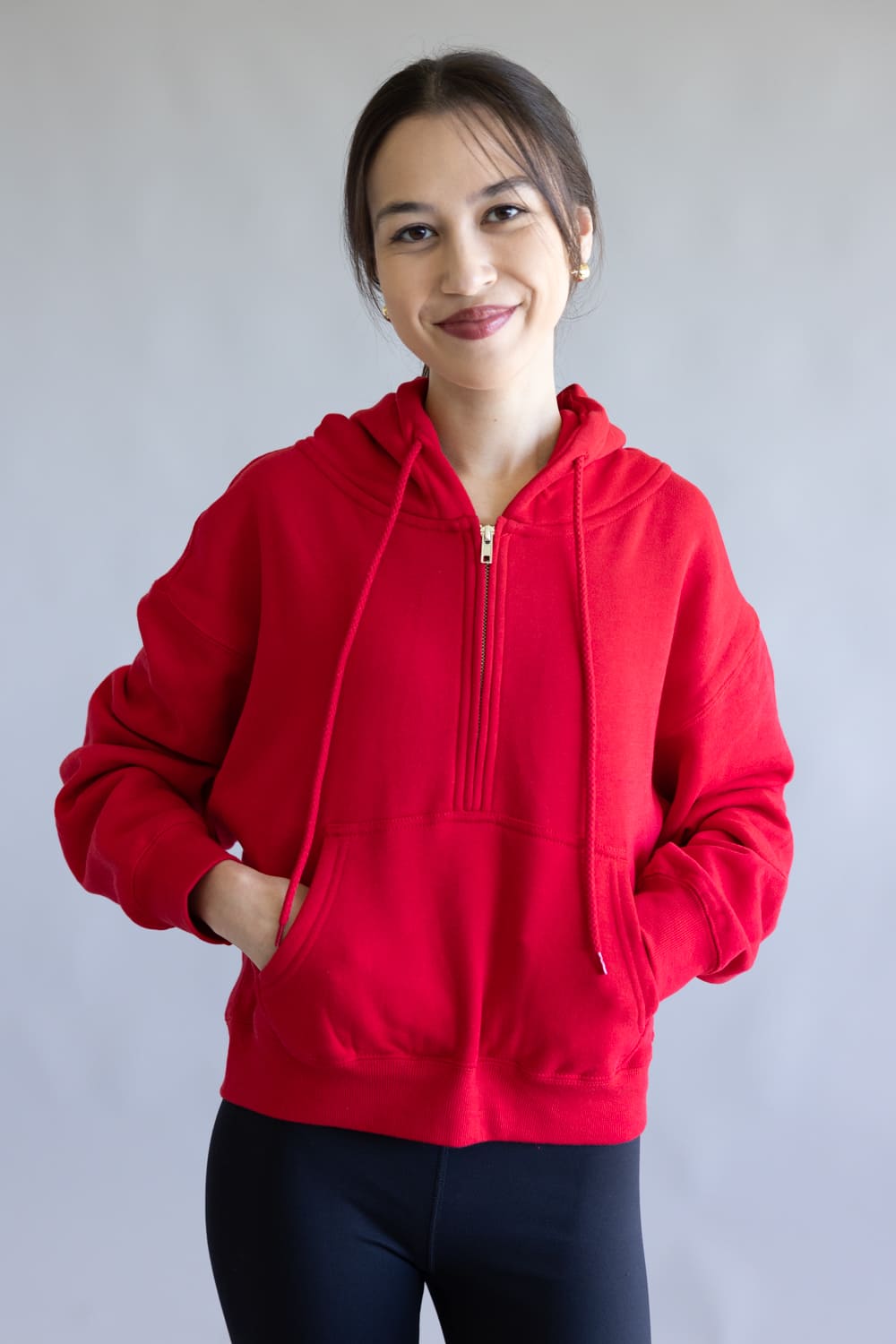 Half Zip Drawstring Fleece Hoodie for Women in Red