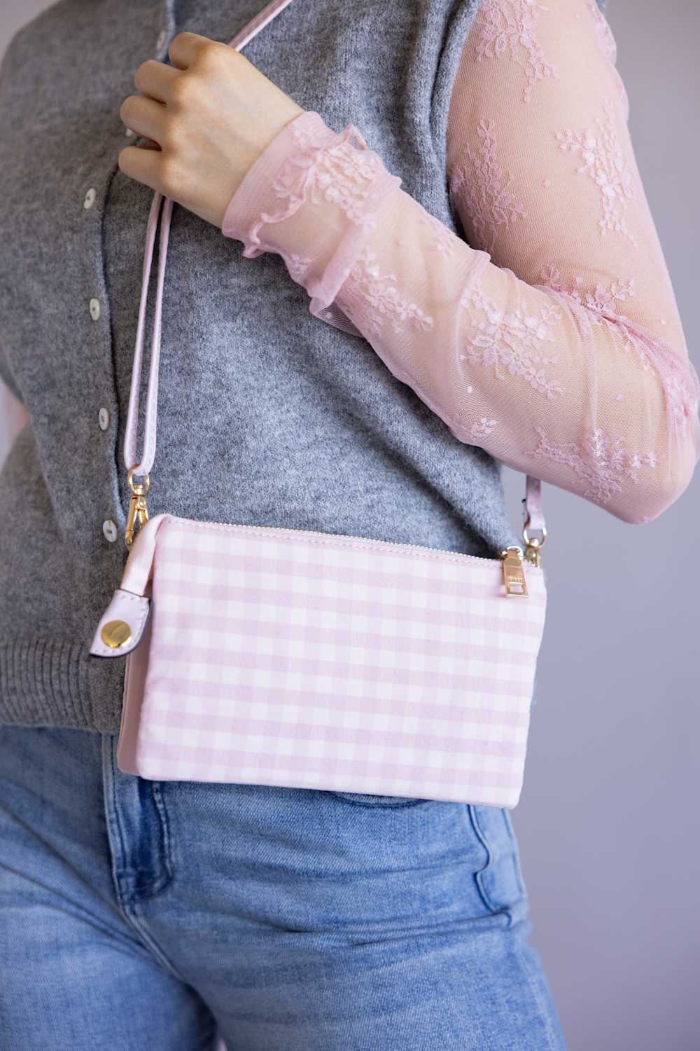 Gingham Crossbody Wristlet for Women in Pink