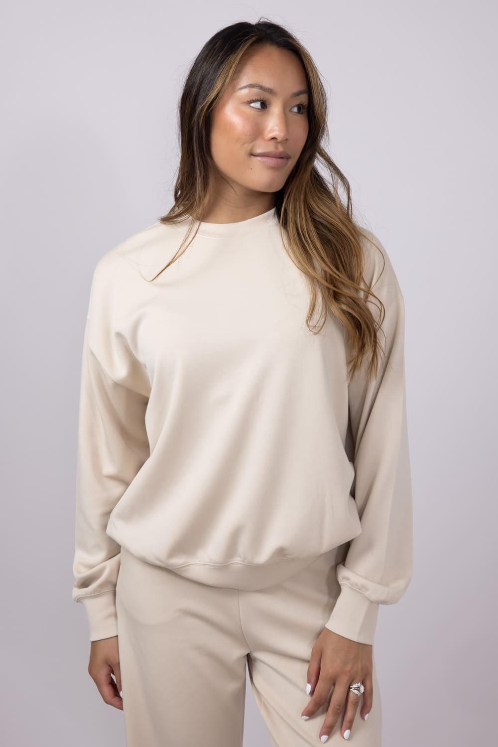 Relaxed Fit Stretch Crewneck for Women in Beige