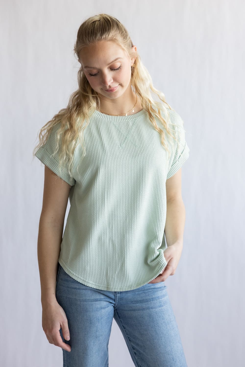 Ribbed Knit Top for Women in Dusty Mint