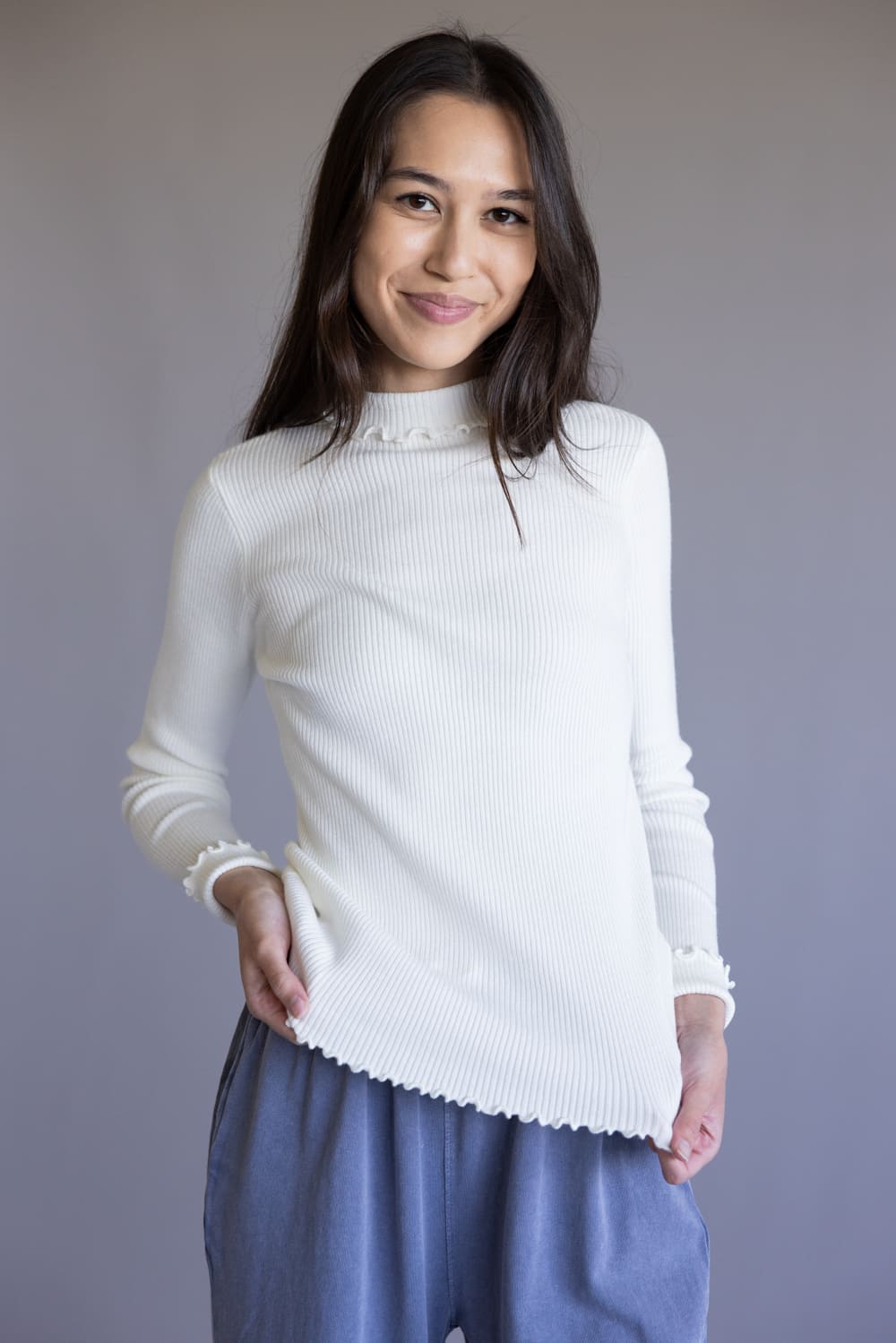 Ribbed Mock Neck Lettuce Hem Top for Women in White