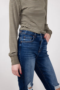 Risen Dark Wash High Rise Distressed Skinny Jeans for Women