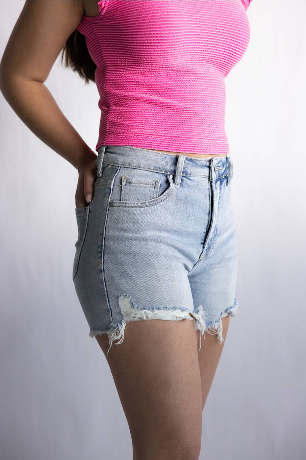 Risen High Rise Fray Hem Denim Shorts for Women