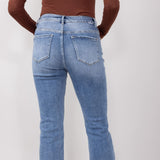 Risen High-Rise Frayed Slim Fit Jeans for Women in Medium Wash