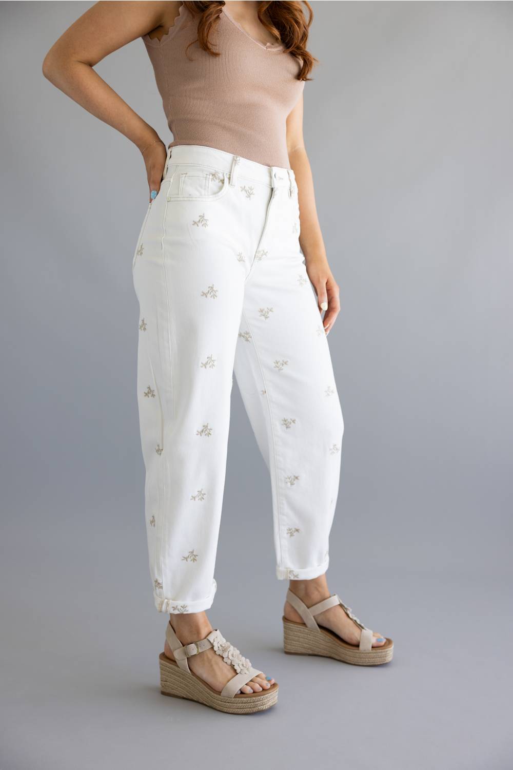 Risen High Rise Leaf Embroidered Barrel Jeans for Women in Cream