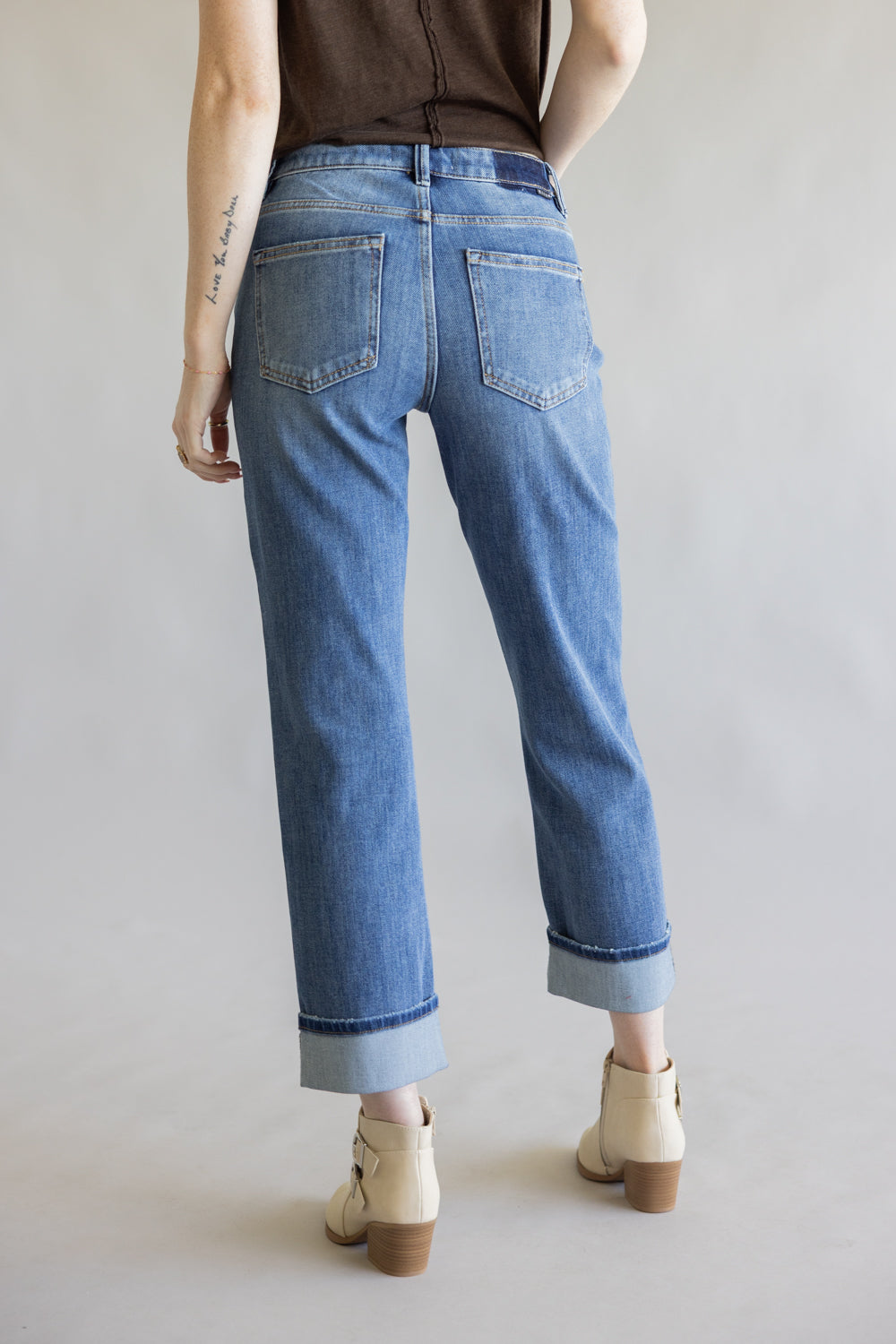 Risen Mid-Rise Relaxed Straight Leg Cuff Jeans for Women