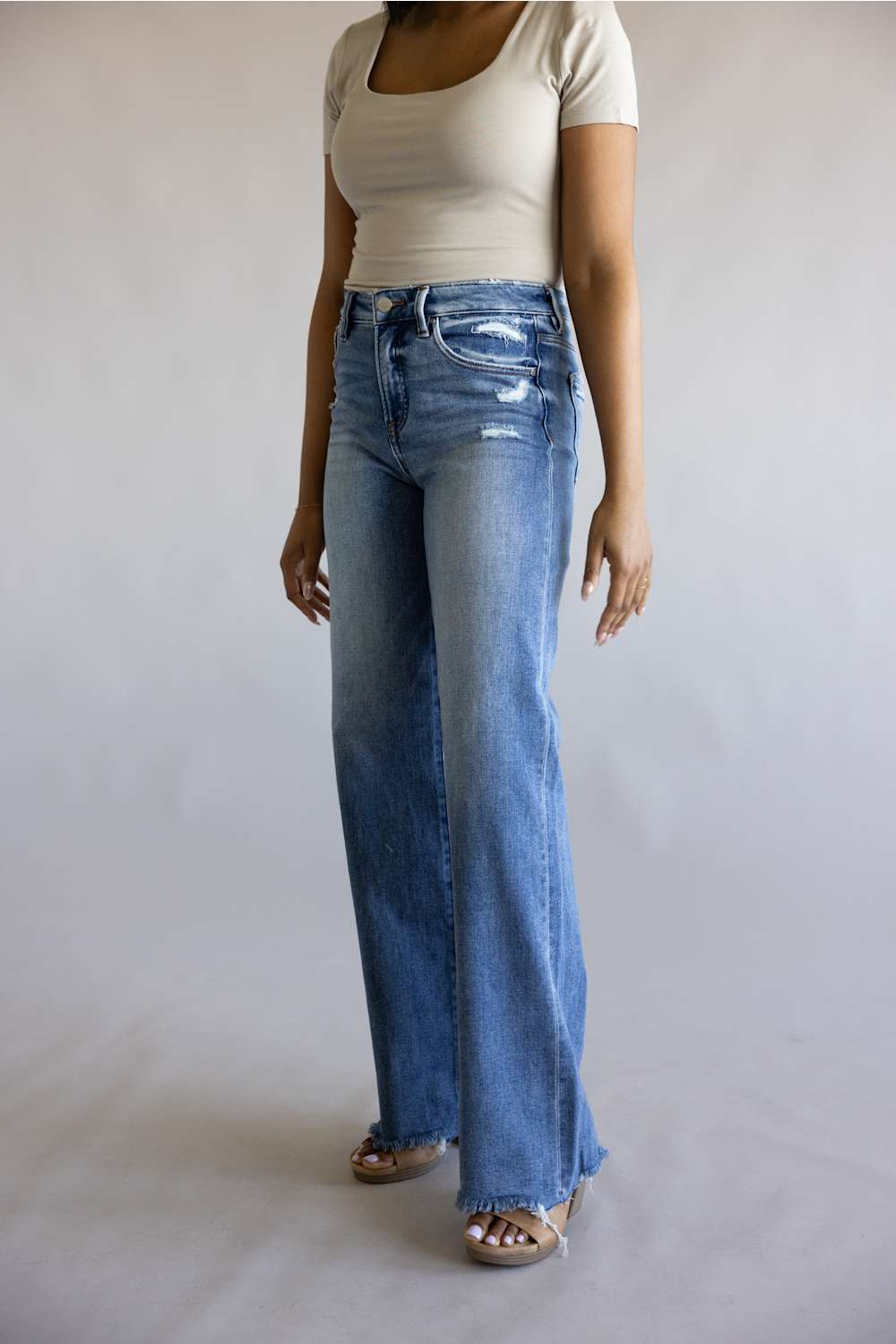 Risen Mid Rise Tummy Control Wide Leg Jeans for Women