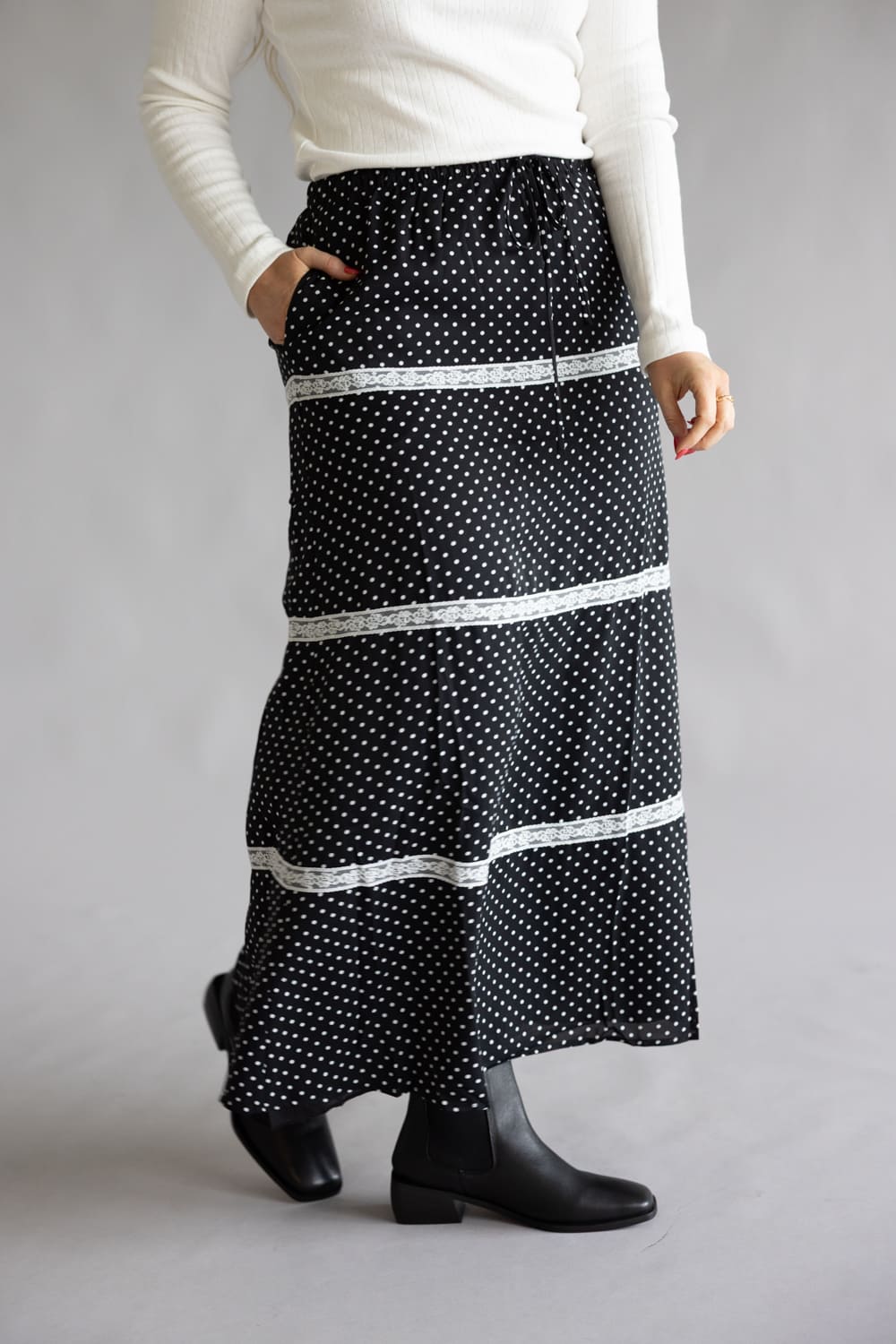 Rowan Polka Dot Tiered Maxi Skirt for Women in Black