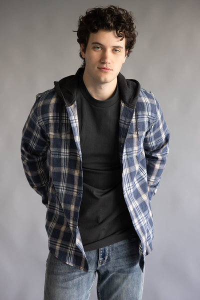 Hooded Plaid Flannel for Men in Washed Denim
