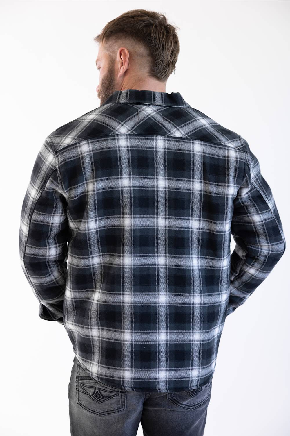 back view of a man modeling a plaid sherpa shacket