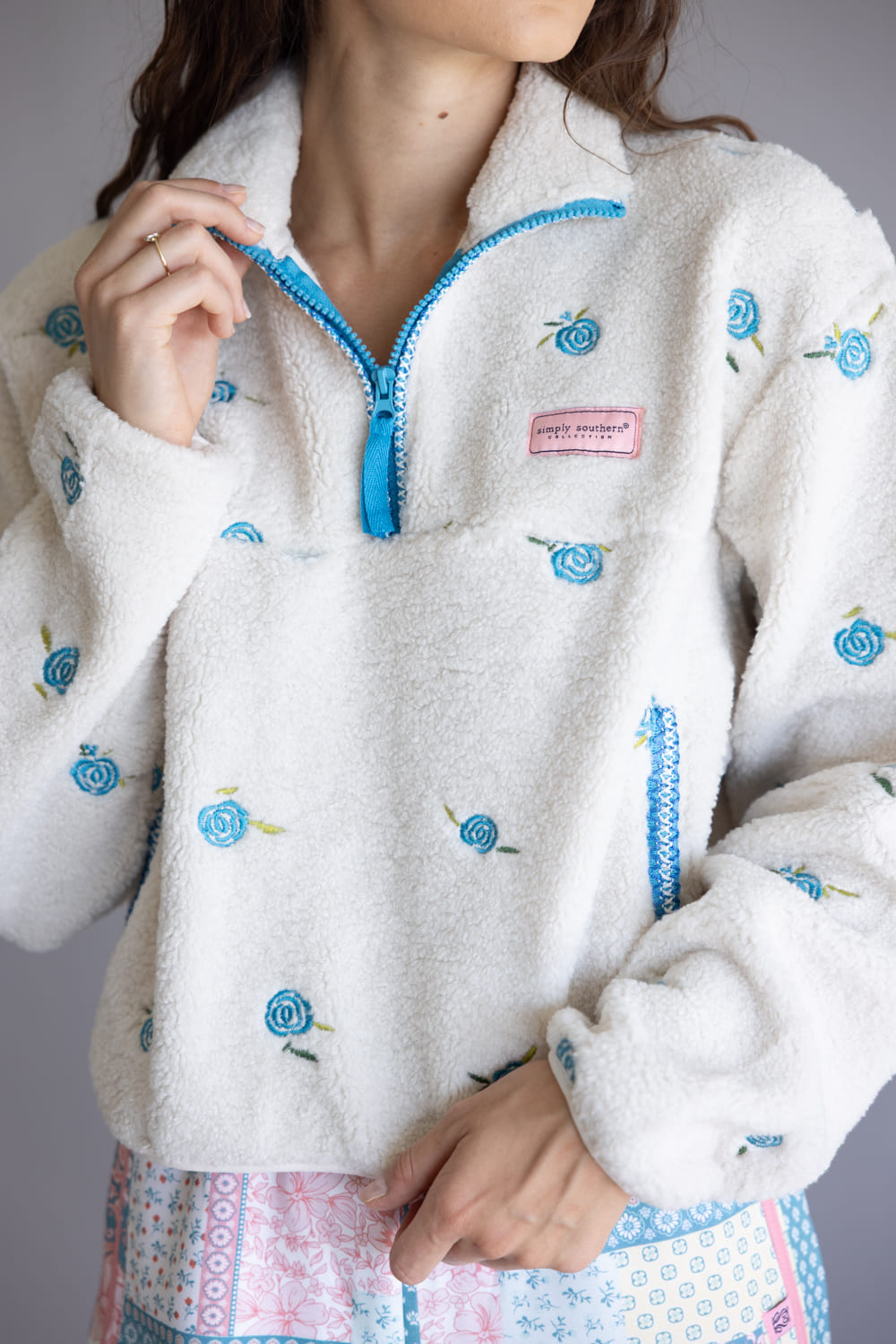 Simply Southern Taylor ½ Zip Blue Flower Pullover for Women in Cream