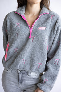 Simply Southern Taylor ½ Zip Pink Bows Pullover for Women in Grey