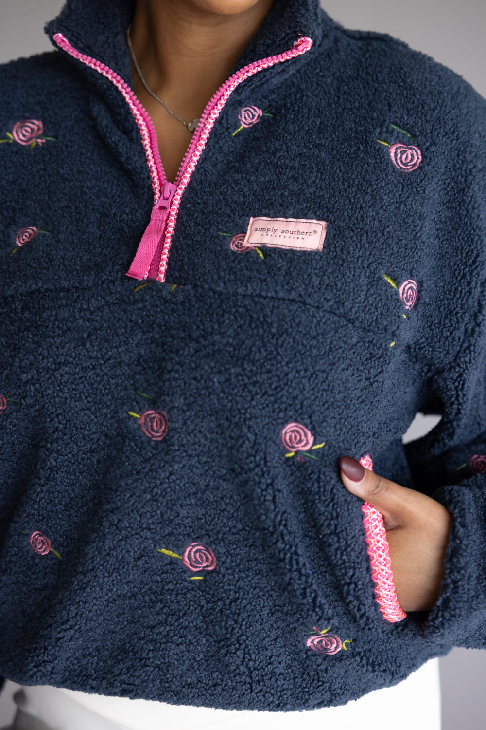 Simply Southern Taylor ½ Zip Pink Flower Pullover for Women in
