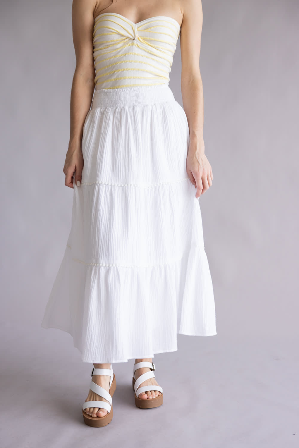 Smocked Waist Tiered Midi Skirt for Women in Off White