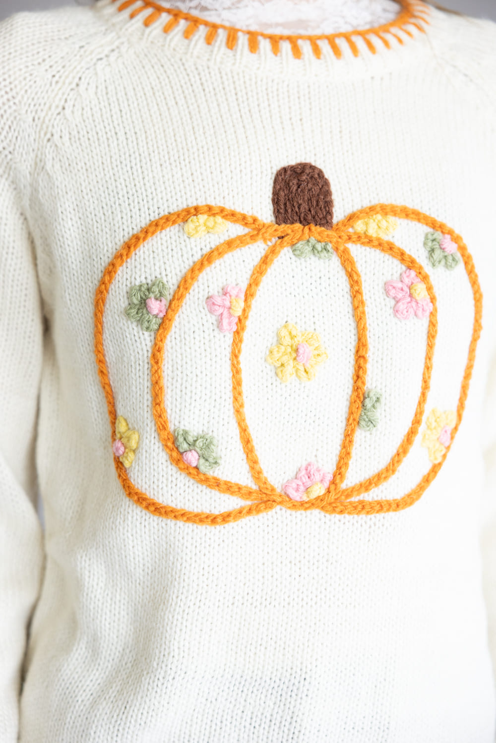 Embroidered Pumpkin Floral Blanket Stitch Sweater for Women in Ivory