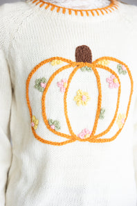 Embroidered Pumpkin Floral Blanket Stitch Sweater for Women in Ivory