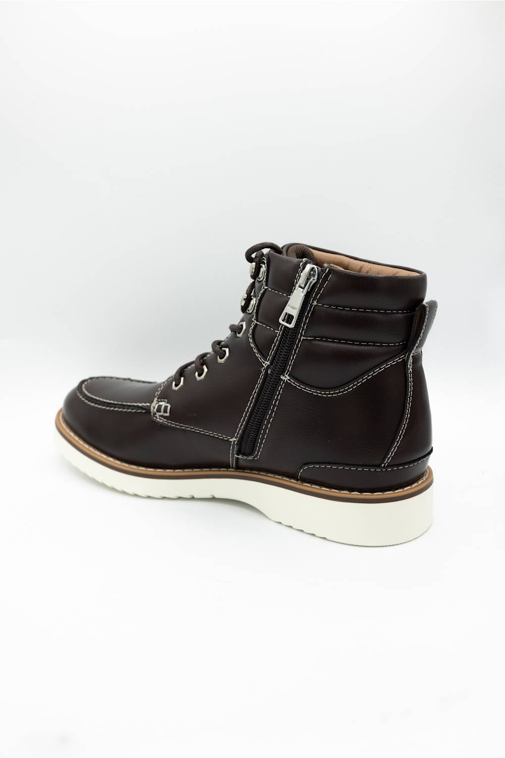 A dark brown leather lace-up ankle boot with a side zipper, shown from a three-quarters angle against a white background.