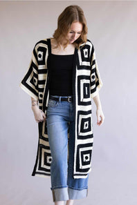 Square Pattern Crotchet Cardigan for Women in Ivory/Black