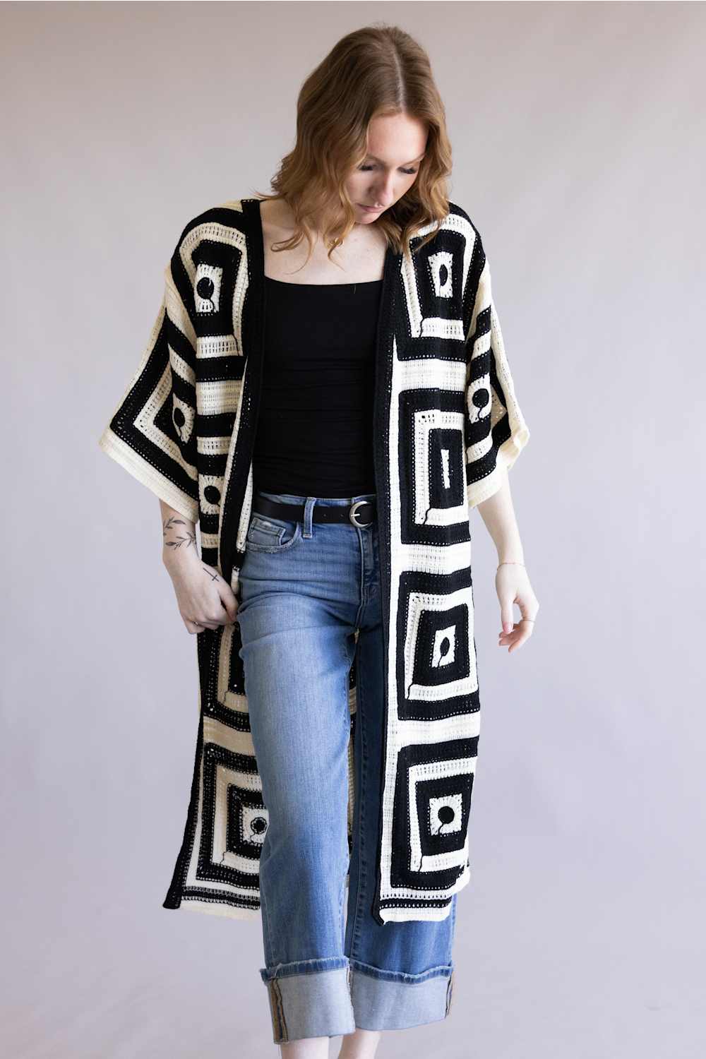 Square Pattern Crotchet Cardigan for Women in Ivory/Black