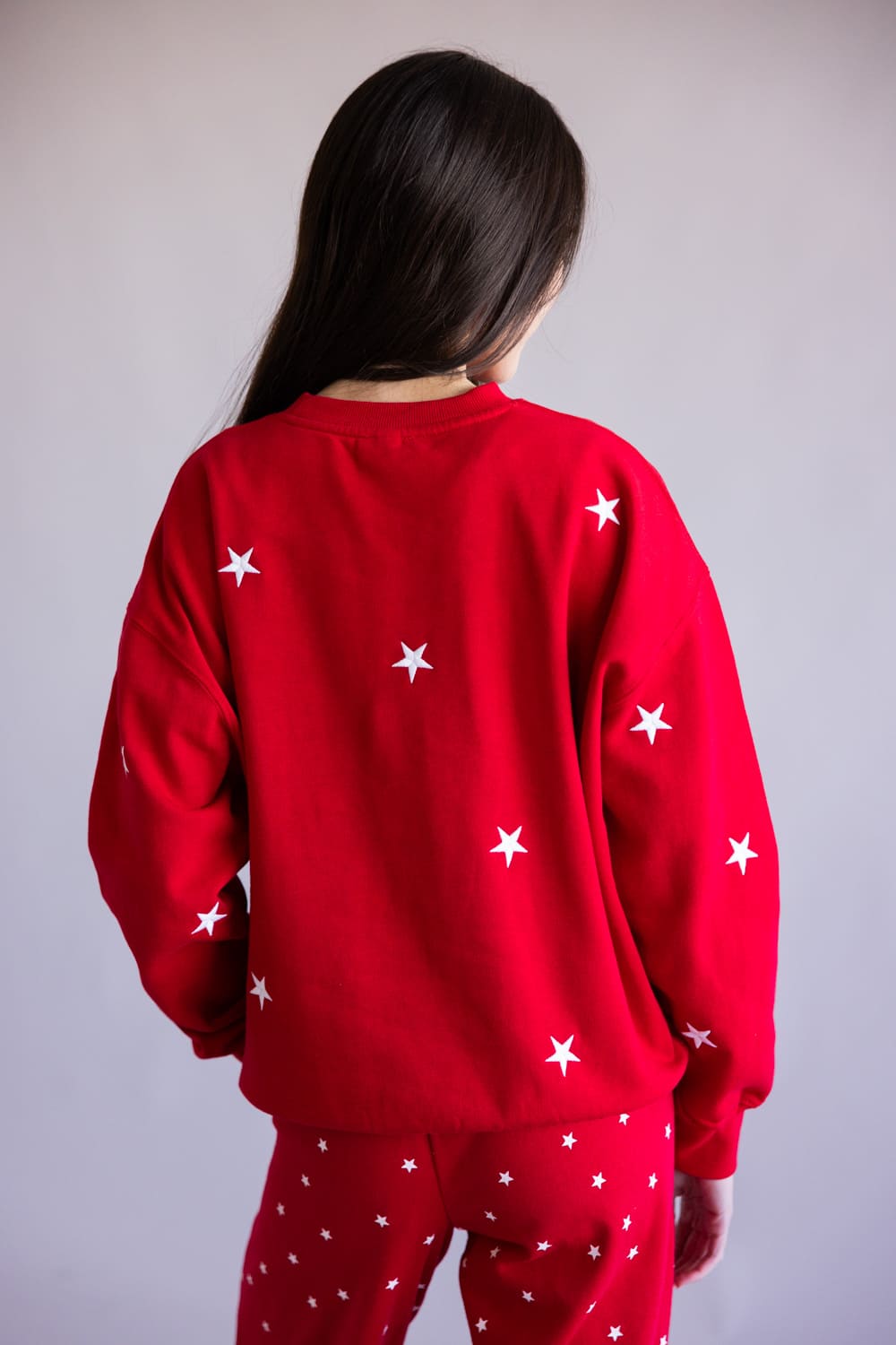 Star Embroidered Fleece Crewneck for Women in Red