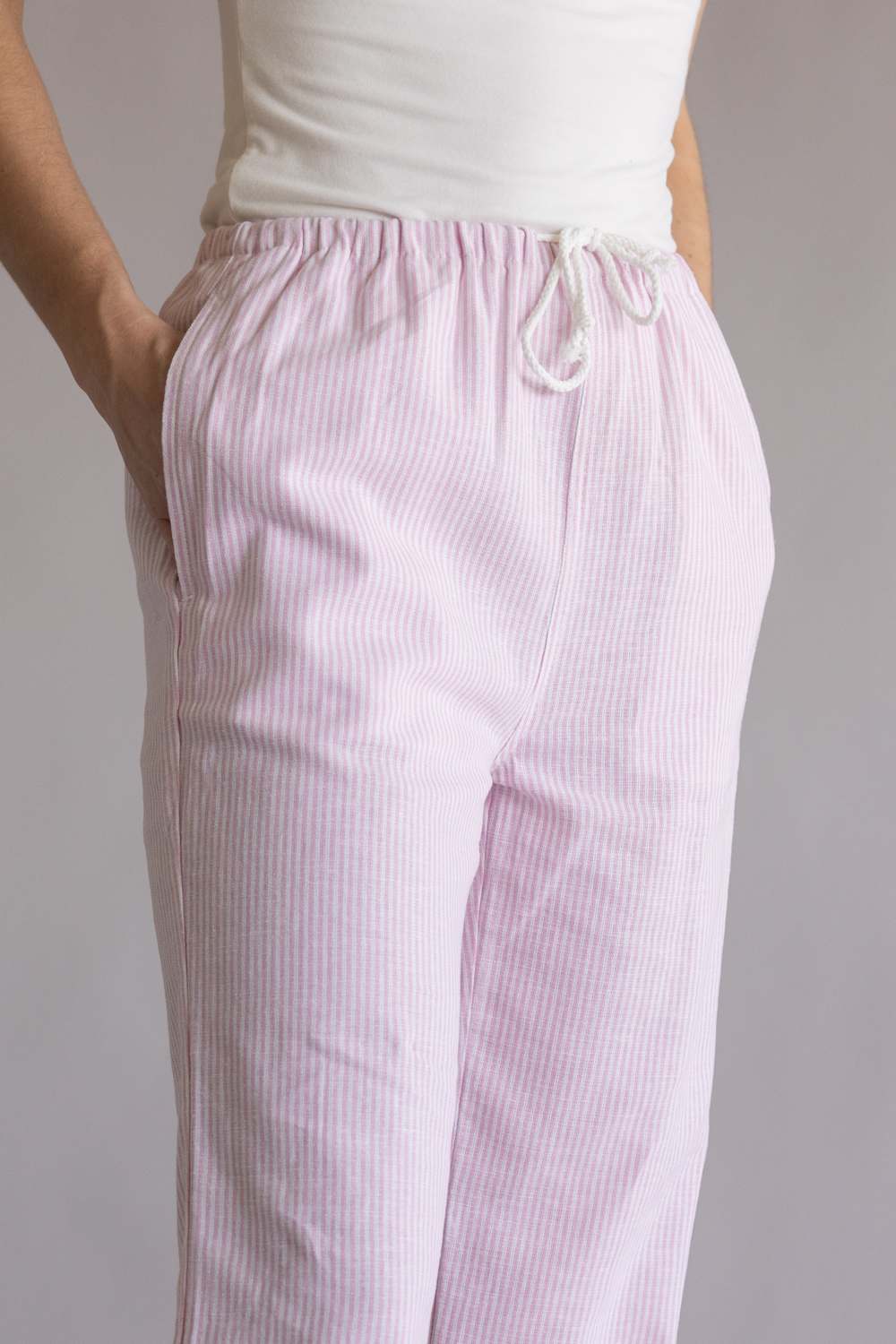 Love Tree Pinstripe Drawstring Linen Pants for Women in Light Pink | 60024PN-LTPINK