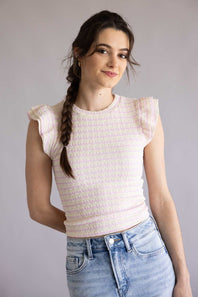  Stripe Flutter Sleeve Top for Women in Ivory Pink 