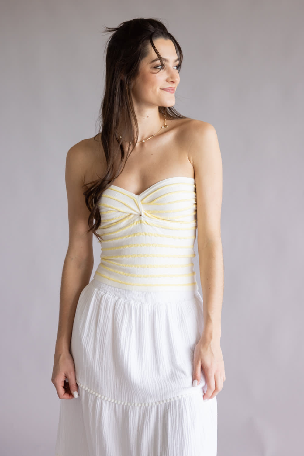 トップス RT-149450 Striped Twist Front Tube Top for Women in Yellow/White | SWT70000