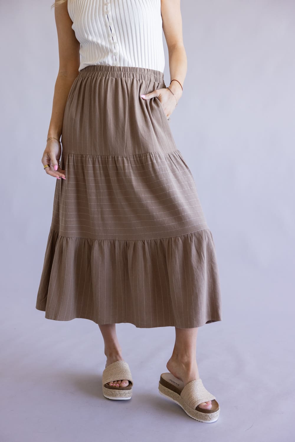 Stripe Tiered Maxi Skirt for Women in Mocha White