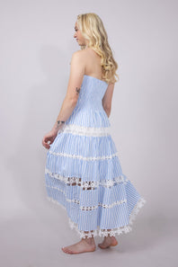 Eyelet Stripe Lace Strapless Midi Dress for Women in Blue