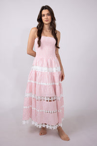 Eyelet Stripe Lace Strapless Midi Dress for Women in Pink