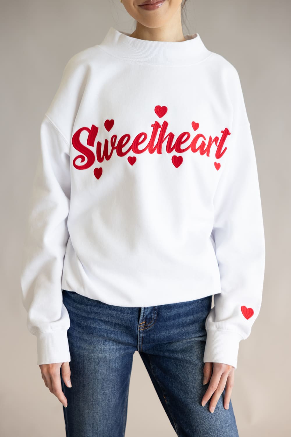 1897 Active Sweetheart Embroidered Mock Neck Sweatshirt for Women in White/Re