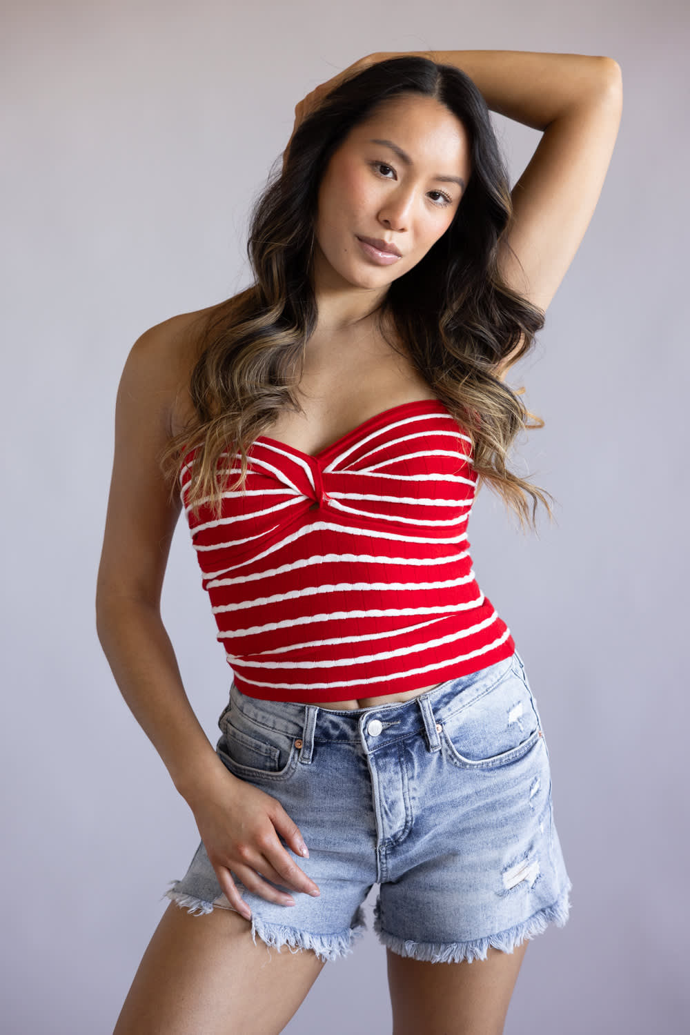 Striped Twist Front Tube Top for Women in Red/White