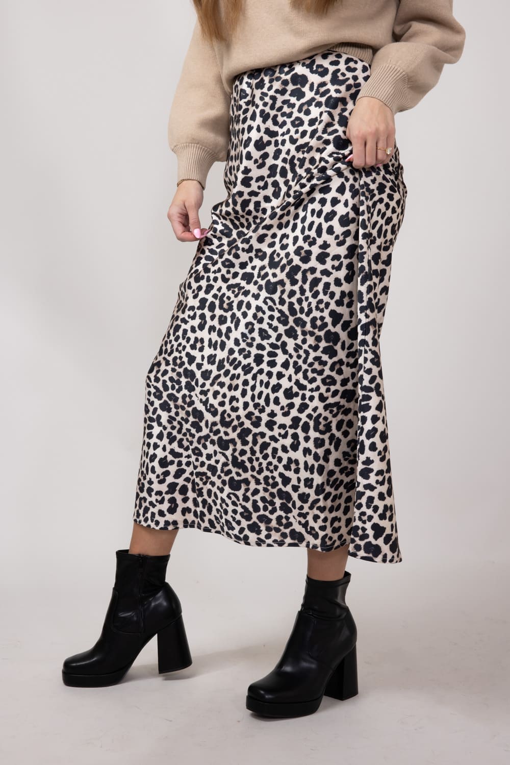 Satin Leopard Print Midi Skirt for Women in Animal Print