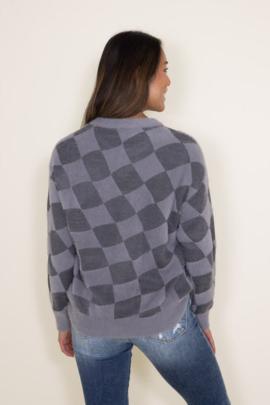 Simply Southern Women Fuzzy Checkerboard Crewneck Sweater for Women in Grey