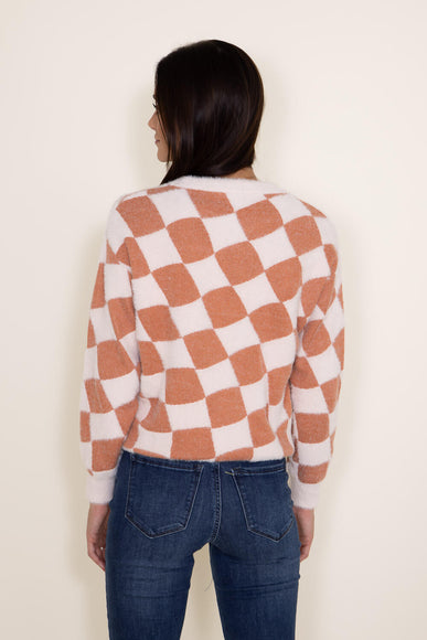 Simply Southern for Women Fuzzy Checkerboard Crewneck Sweater for Women in Orange