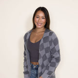 Womens Simply Southern Fuzzy Checkerboard Long Cardigan for Women in Grey 
