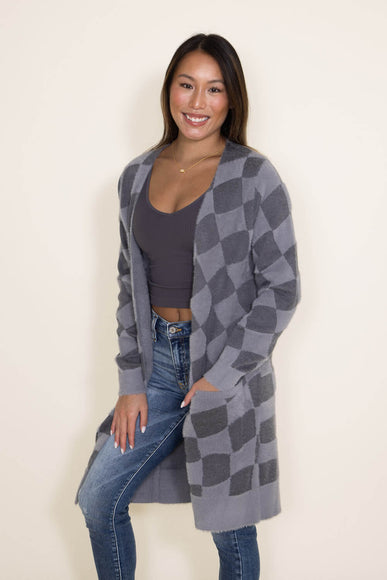 Womens Simply Southern Fuzzy Checkerboard Long Cardigan for Women in Grey 