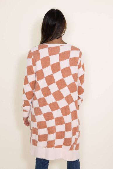 Simply Southern for Women Fuzzy Checkerboard Long Cardigan for Women in Tan