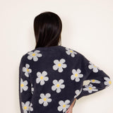 Simply Southern Womens Fuzzy Daisy Print Crewneck Sweater for Women in Grey
