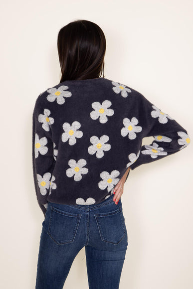 Simply Southern Womens Fuzzy Daisy Print Crewneck Sweater for Women in Grey