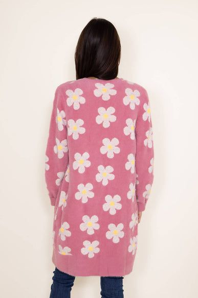 Womens Simply Southern Fuzzy Daisy Print Long Cardigan for Women in Pink